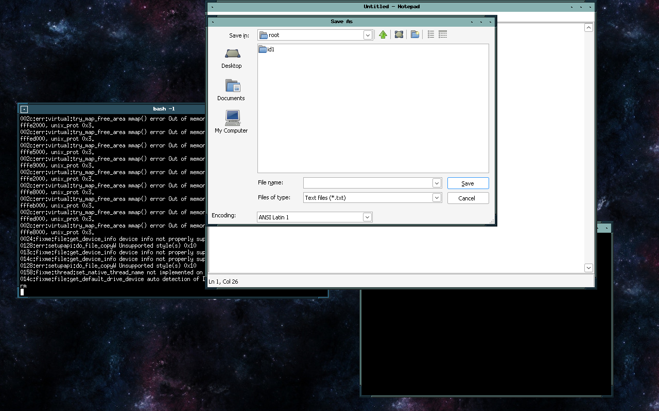 Astral running Notepad under Wine